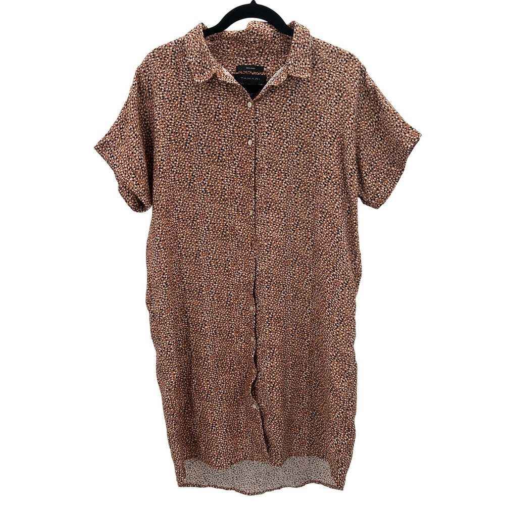TAHARI Linen Button Front Shirt Dress Brown White Black Dot Womens Large Neutral